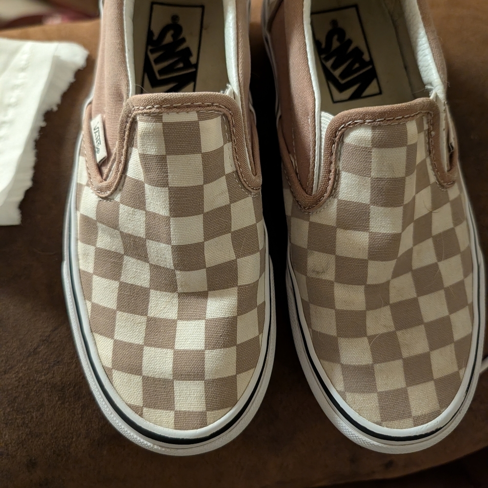 Vans Beige and White Checkered Slip-Ons